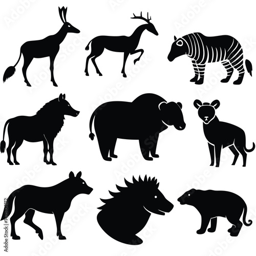 Black animal silhouette vector collection includes wild and farm mammals like horse, dog, and elephant