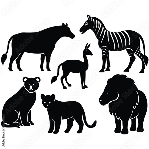 A black zebra silhouette vector illustration depicts a wild mammal from an animal collection