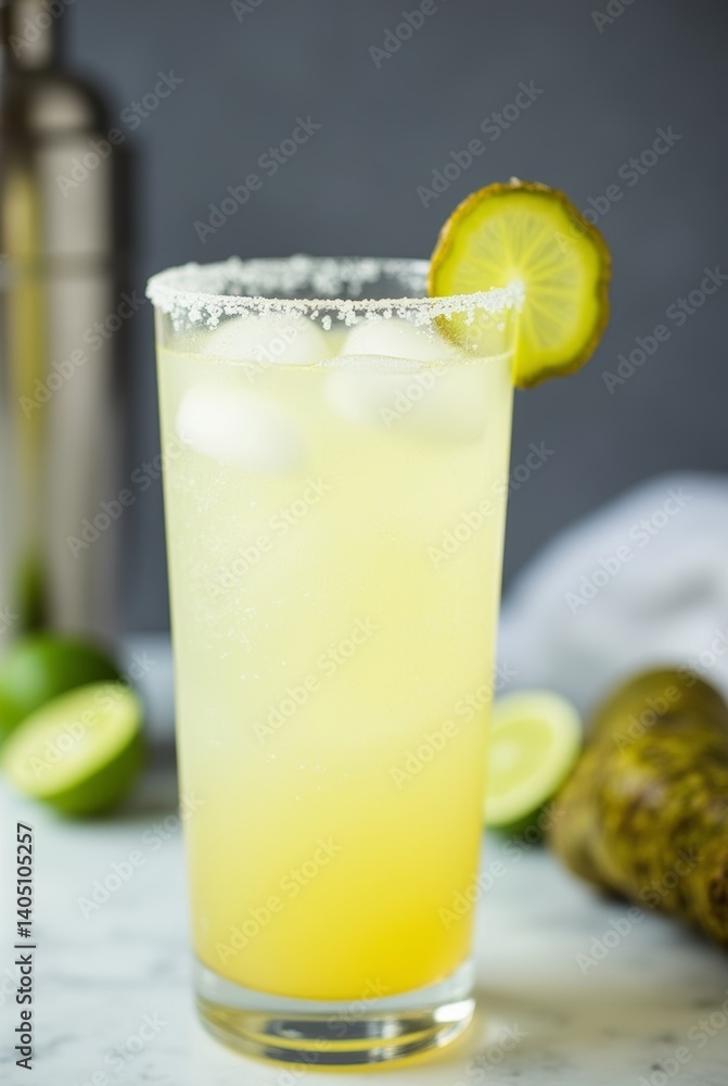 Refreshing lemonade in tall glass with ice and sugar rim garnished with lime slice Refreshing lemonade in tall glass with ice and sugar rim garnished with lime slice