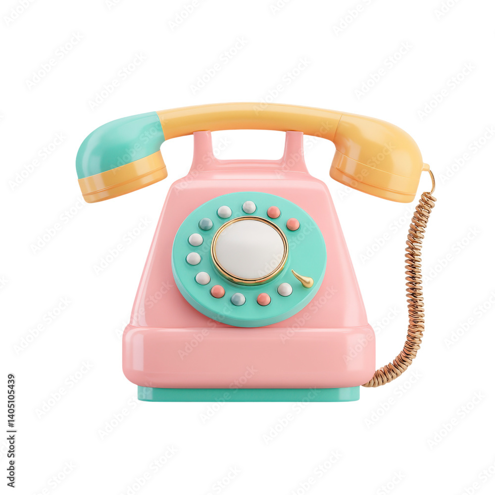 Cute pastel rotary phone. Retro telephone in pink, yellow and turquoise colors. 3D render. Cute pastel rotary phone. Retro telephone in pink, yellow and turquoise colors. 3D render.