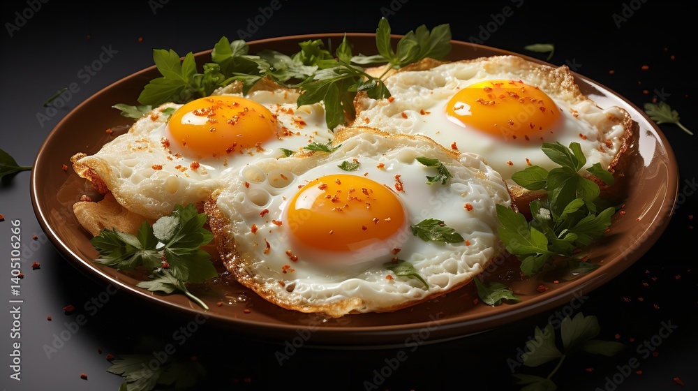 Dish with fried eggs on a blurred background. Dish with fried eggs on a blurred background.