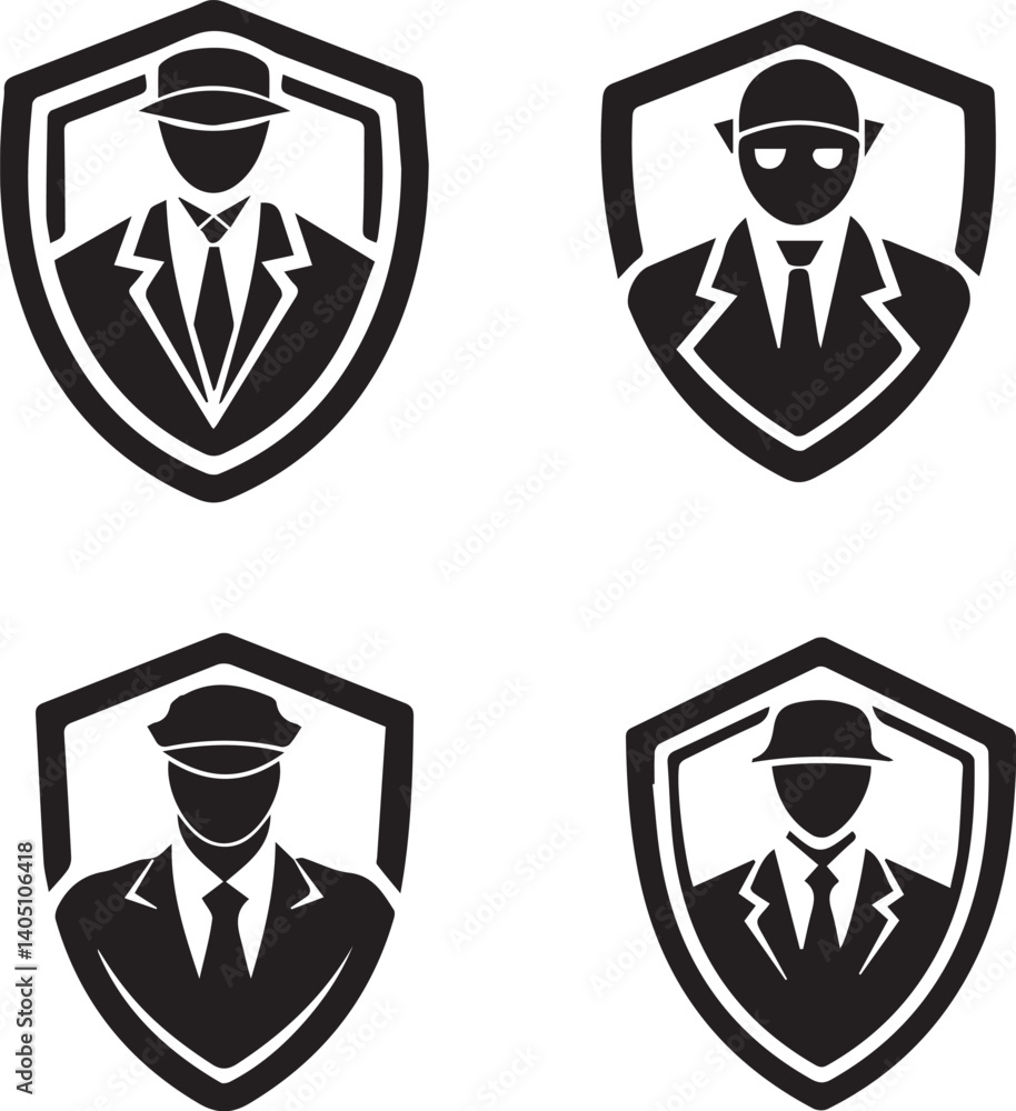 Set of Security Guard and Detective Silhouette Logos in Shield Design Set of Security Guard and Detective Silhouette Logos in Shield Design