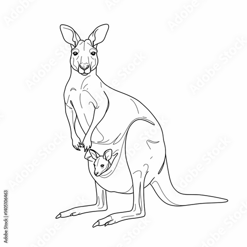 Line Art Drawing of a Mother Kangaroo with Joey in Pouch