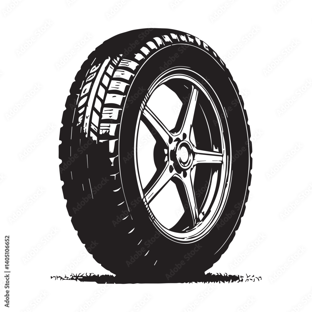 Fototapeta premium A black and white drawing of a tire with the wheels on it silhouette White Background.