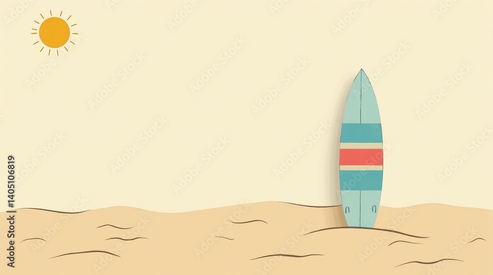 Minimalist surfboard on sandy beach with sun in calm seas