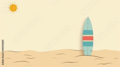 Obraz na płótnie Minimalist surfboard on sandy beach with sun in calm seas w salonie
