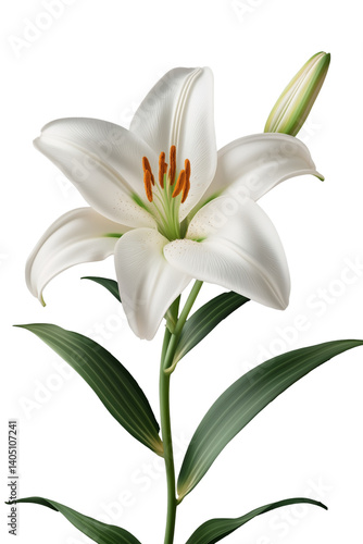 Realistic lily with large white petals and orange stamens, green stem and leaves, isolated on transparent background.