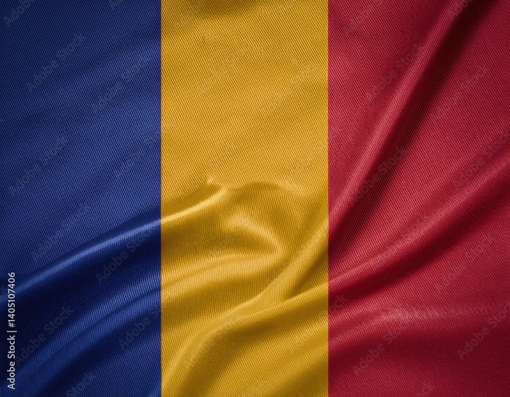 Naklejka premium Romanian flag: blue, yellow, and red fabric texture