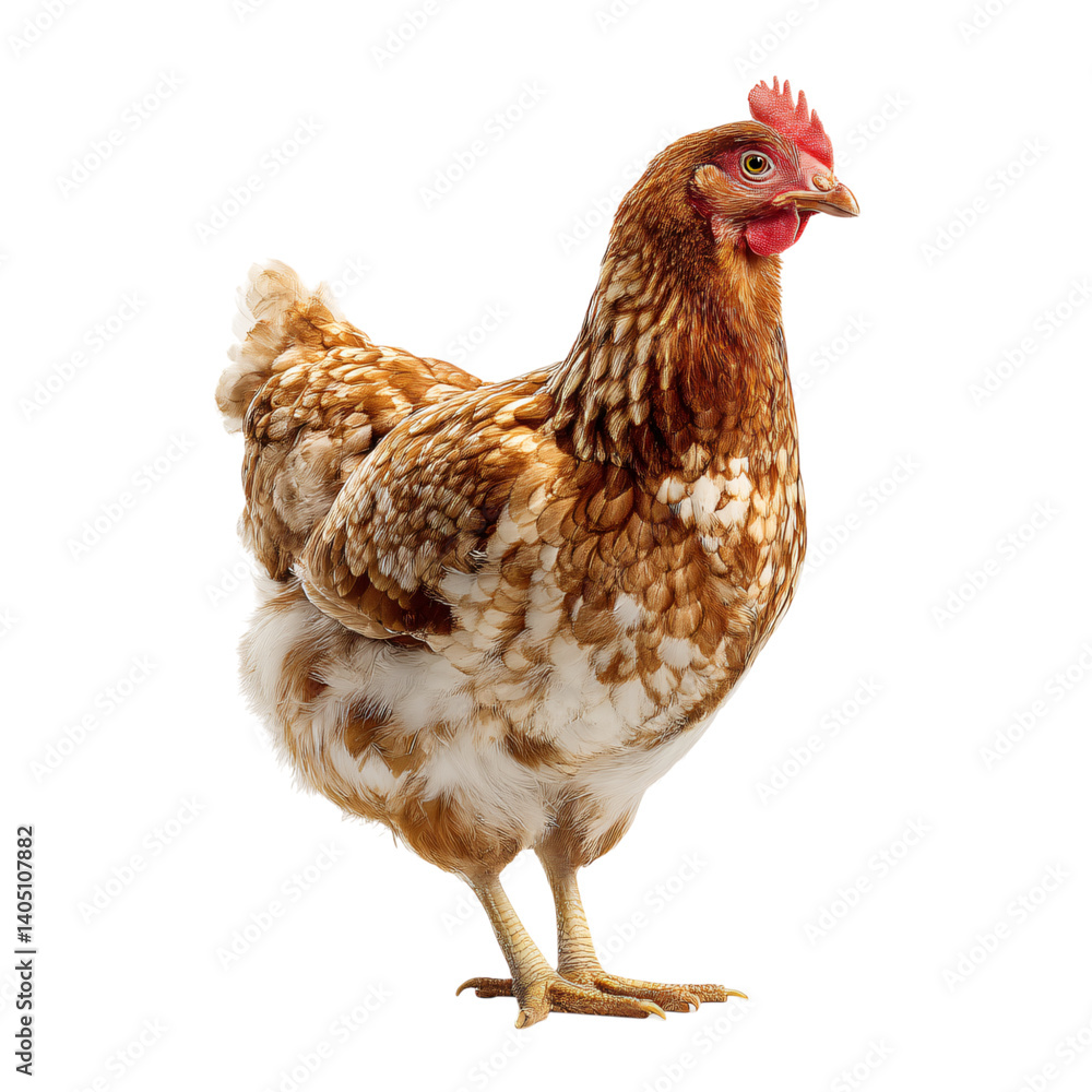 Fototapeta premium Brown hen portrait on white background. Farm bird for agricultural fair, poultry breeding, healthy food advertising, rustic farm flyer or animal protection banner.