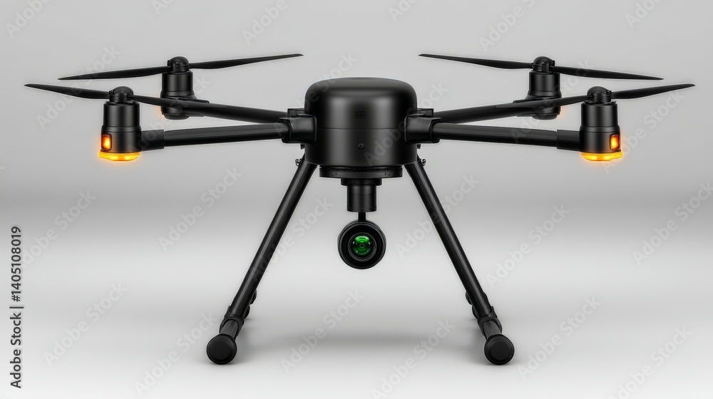 Industrial drone with four arms and center camera mounted under black body isolated on gray background used in surveillance and delivery technology Industrial drone with four arms and center camera mounted under black body isolated on gray background used in surveillance and delivery technology
