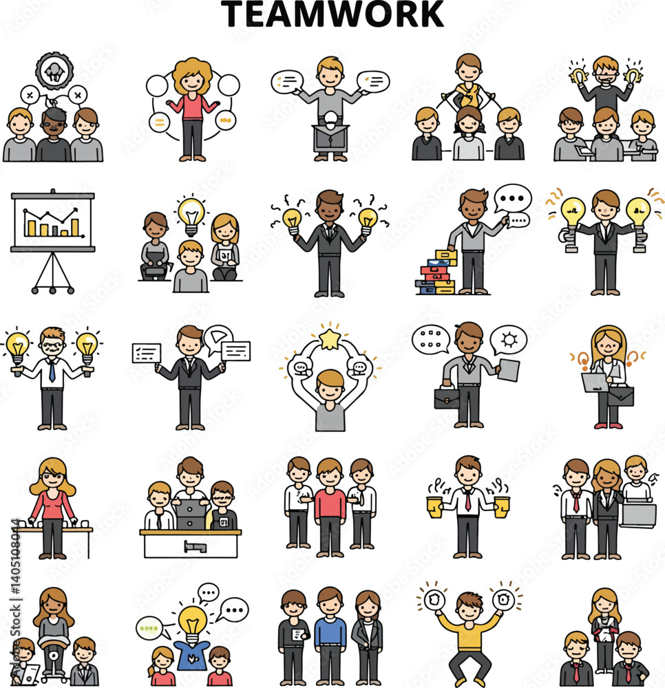 Teamwork and Collaboration Flat Line Icons Teamwork and Collaboration Flat Line Icons
