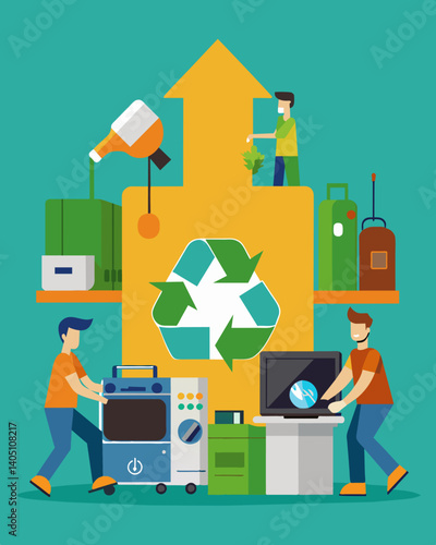 A Reuse and Recycle Fair where community members can bring in old appliances and electronics to be properly recycled or repurposed.. Vector illustration