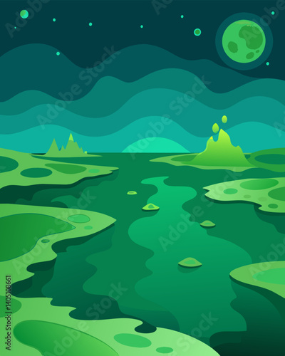 A murky greencolored ocean tainted by algae blooms caused by nutrient pollution from agricultural runoff.. Vector illustration