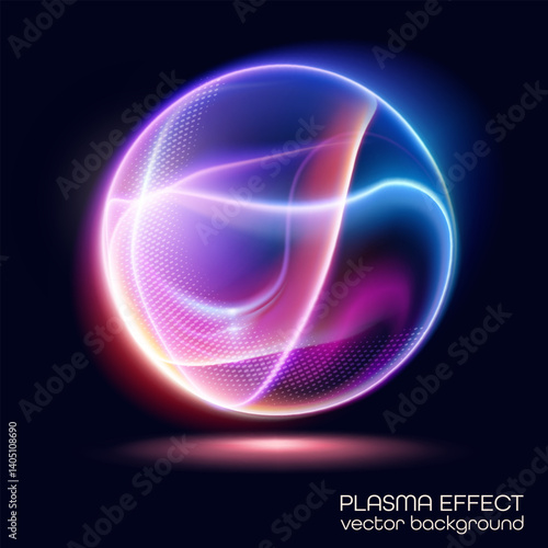 Neon abstract sphere with bright light waves and plasma glow. Futuristic vector design on dark background, perfect for technology and science themes.