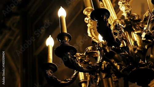 Gilt chandelier glows in ornate palace interior