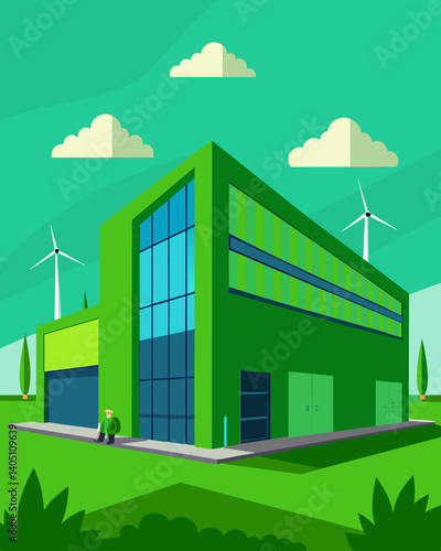The factorys exterior is adorned with vibrant green panels showcasing a commitment to sustainability.. Vector illustration