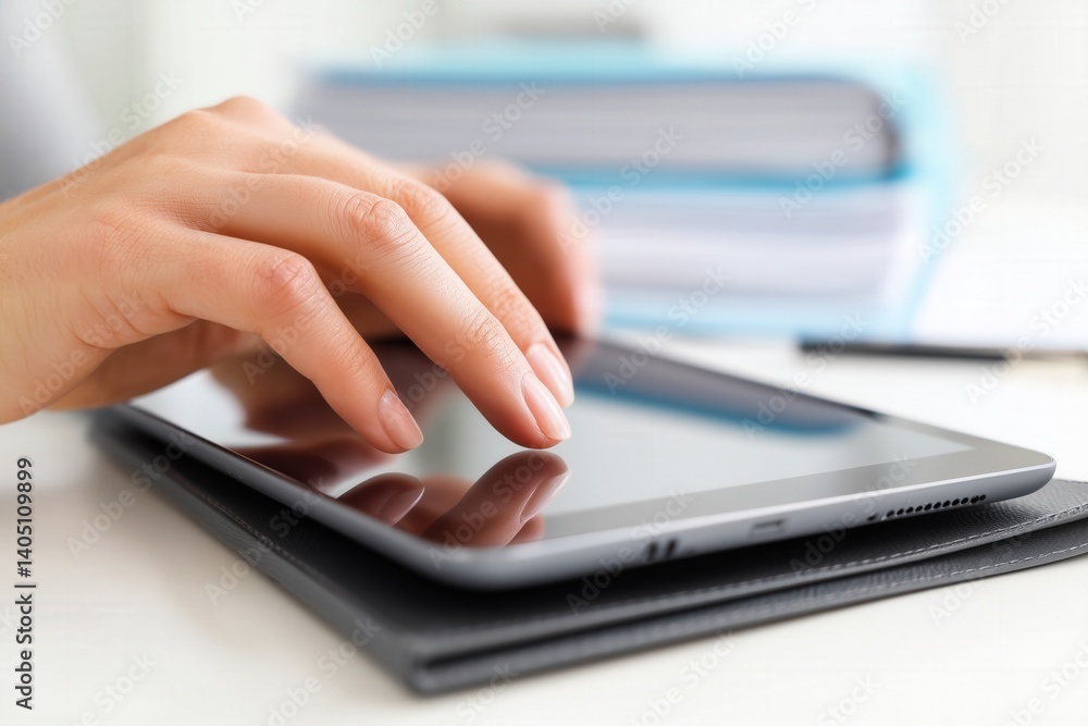Finger touching tablet screen in office environment, technology use and modern learning or communication Finger touching tablet screen in office environment, technology use and modern learning or communication