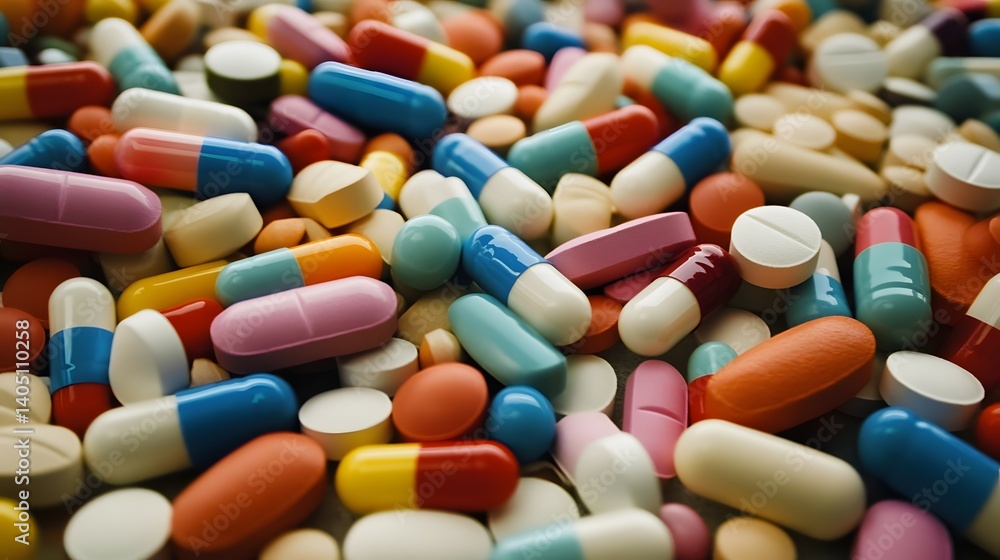 Many colorful pills and capsules scattered randomly on a surface. Many colorful pills and capsules scattered randomly on a surface.