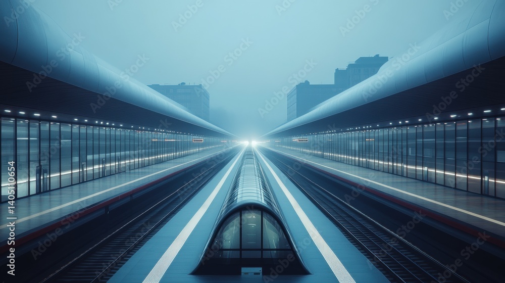 Modern train station, misty morning view, perspective. Modern train station, misty morning view, perspective.