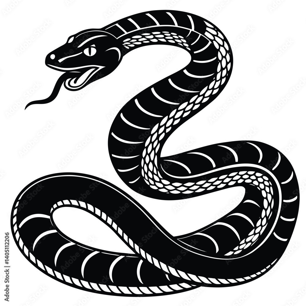 Obraz premium Black and white cartoon snake in a snake shape with a cobra silhouette, symbolizing a poisonous reptile in an artistic, nature-inspired design