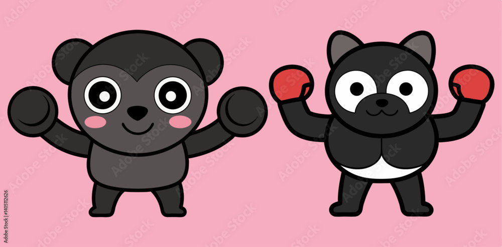 Cartoon set of two boxer stand with pose vector silhouette, vector illustration design