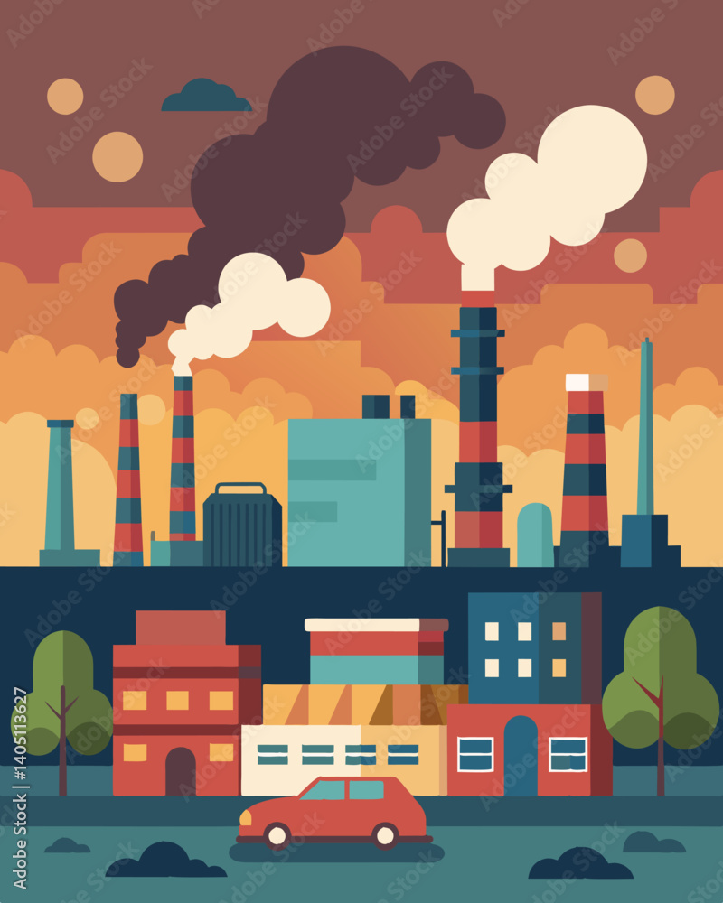 Obraz premium The air is thick and polluted from the lack of maintenance on factories and industrial sites.. Vector illustration