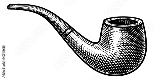 Engraved illustration of a smoking pipe in black and white with detailed texture