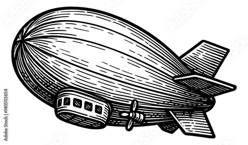 Vintage Black and White Engraved Illustration of an Airship Flying in the Sky with Detailed Lines