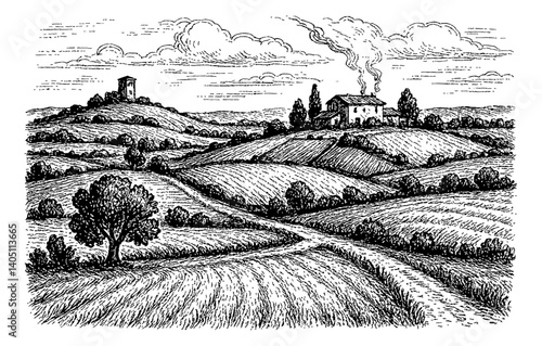 Engraved Illustration of Rolling Hills with Farmhouse and Tower in Black and White