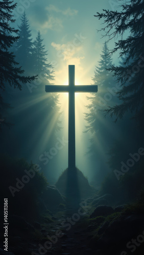 A silhouette of a cross with a ray of sunlight shining through on a path surrounded by evergreen trees.