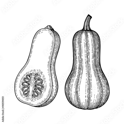 Two butternut squash in detailed black and white drawing, one whole and one sliced in half