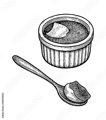 Dessert Creme Brulee with Spoon Hand Drawn Detailed Black and White Line Art Illustration