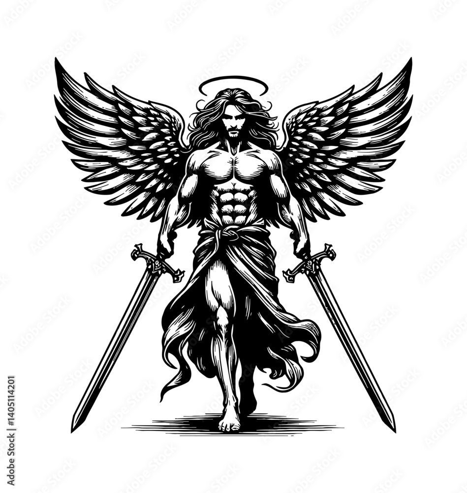 Fototapeta premium Muscular Angel with Wings Holding Swords in Black and White Engraving Art Style Illustration