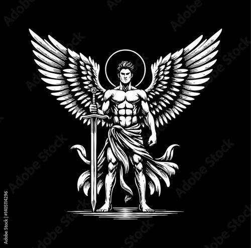 Wallpaper Mural Illustration of Winged Man Holding Sword with Black Background, Vector Illustration Torontodigital.ca