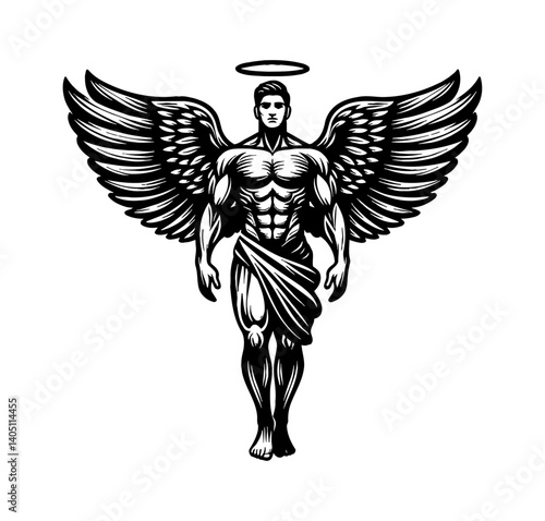 Illustration of muscular man with angel wings and halo in black and white vector art design