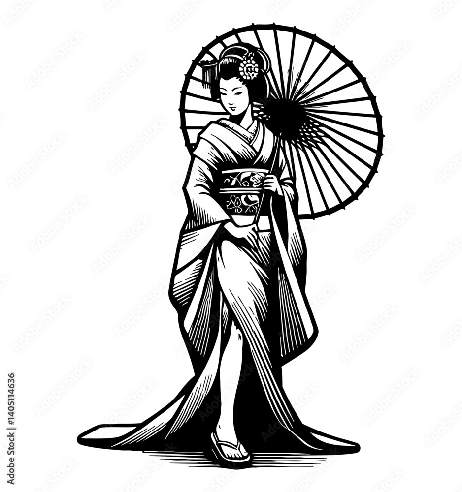 Obraz premium Elegant Geisha in Kimono Holding Umbrella in Black and White Detailed Engraving