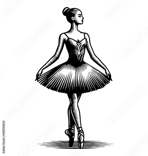 Elegant ballerina in classic pose, engraved style illustration, delicate and poised performance.