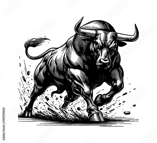 Powerful Black and White Engraved Bull Running Forward with Forceful Energy and Muscular Build