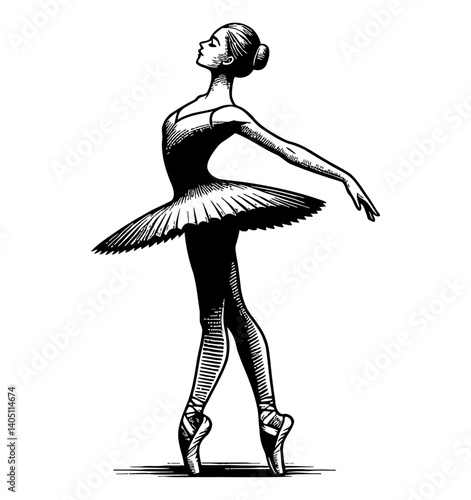 Elegant ballerina standing in graceful pose with arms extended in black and white etching
