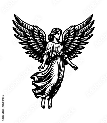 Elegant Black and White Drawing of an Angel with Detailed Wings in a Flowing Dress