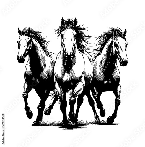 Three Horses Running Together in Black and White Engraving Style Vector Illustration