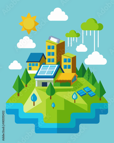 An ecofriendly resort utilizes solar panels and rainwater harvesting systems minimizing their impact on the surrounding environment.. Vector illustration