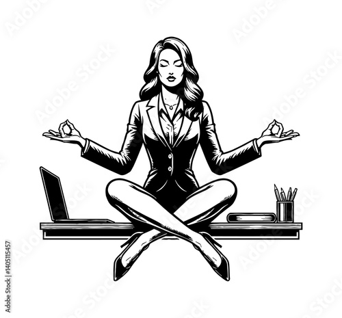 Businesswoman Meditating in Lotus Position at Her Desk for Stress Relief Illustration