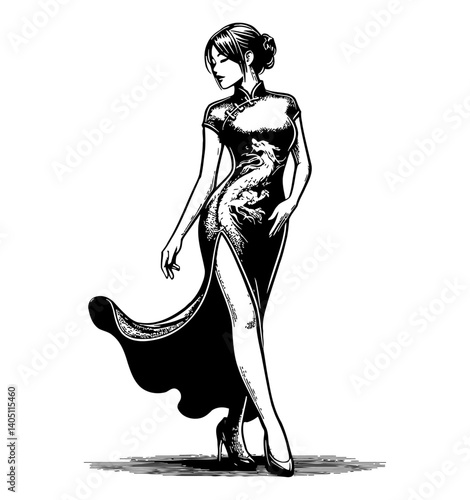Elegant Woman in Cheongsam Dress with Dragon Design in Black and White Engraved Style