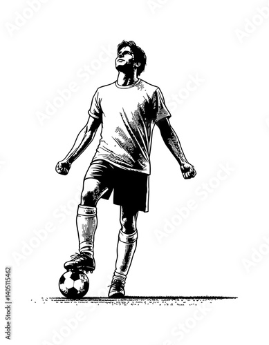 Soccer Player with Foot on Ball Looking Upward in Black and White Detailed Line Art