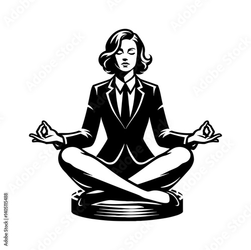 Businesswoman Meditating in Lotus Position with Eyes Closed in Black and White Graphic