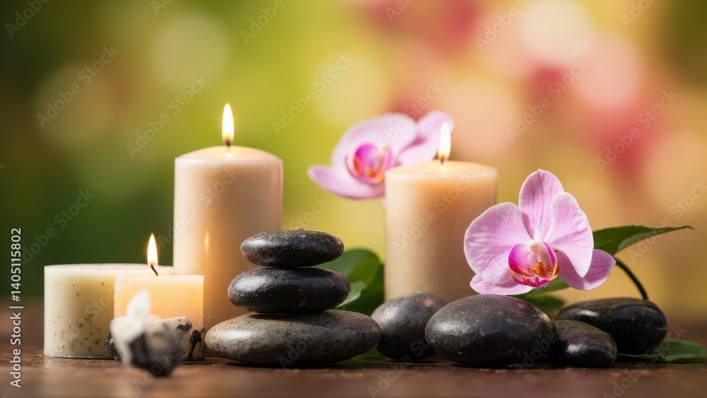 A serene scene featuring stacked black stones, lit candles, and pink orchids arranged on a reflective surface. Green and pink hues in the blurred background enhance the tranquil and meditative ambianc A serene scene featuring stacked black stones, lit candles, and pink orchids arranged on a reflective surface. Green and pink hues in the blurred background enhance the tranquil and meditative ambianc