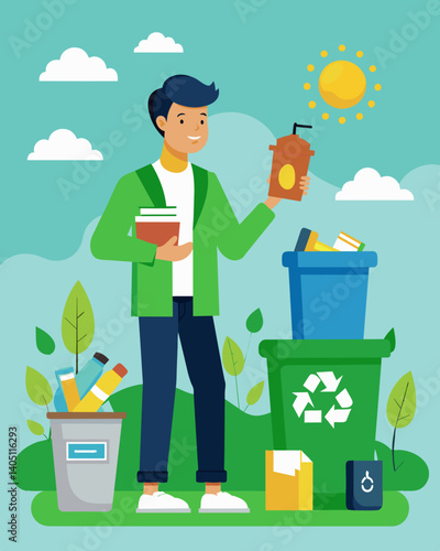 A university student starts a zerowaste club on campus organizing waste reduction initiatives and educating their peers on the importance of a zerowaste lifestyle.. Vector illustration