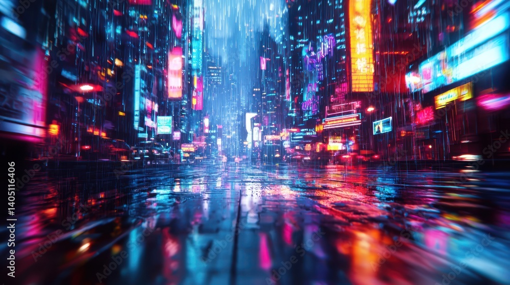 Naklejka premium Cyberpunk Cityscape: Neon Rain