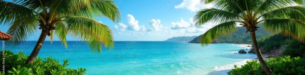 Lush palm trees frame stunning ocean vista from balcony , coast, horizon, sea Lush palm trees frame stunning ocean vista from balcony , coast, horizon, sea